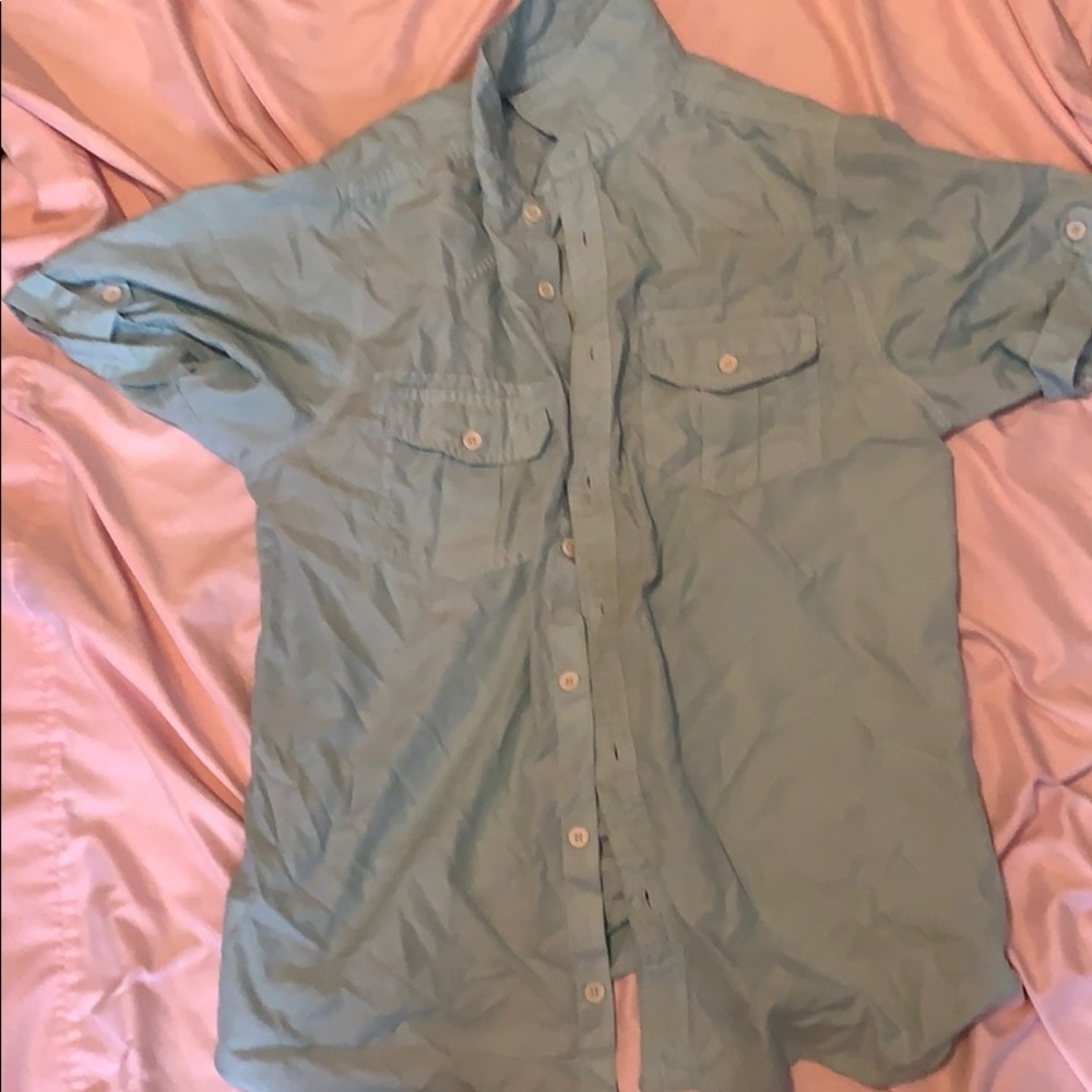 Teal button up t shirt. Size medium